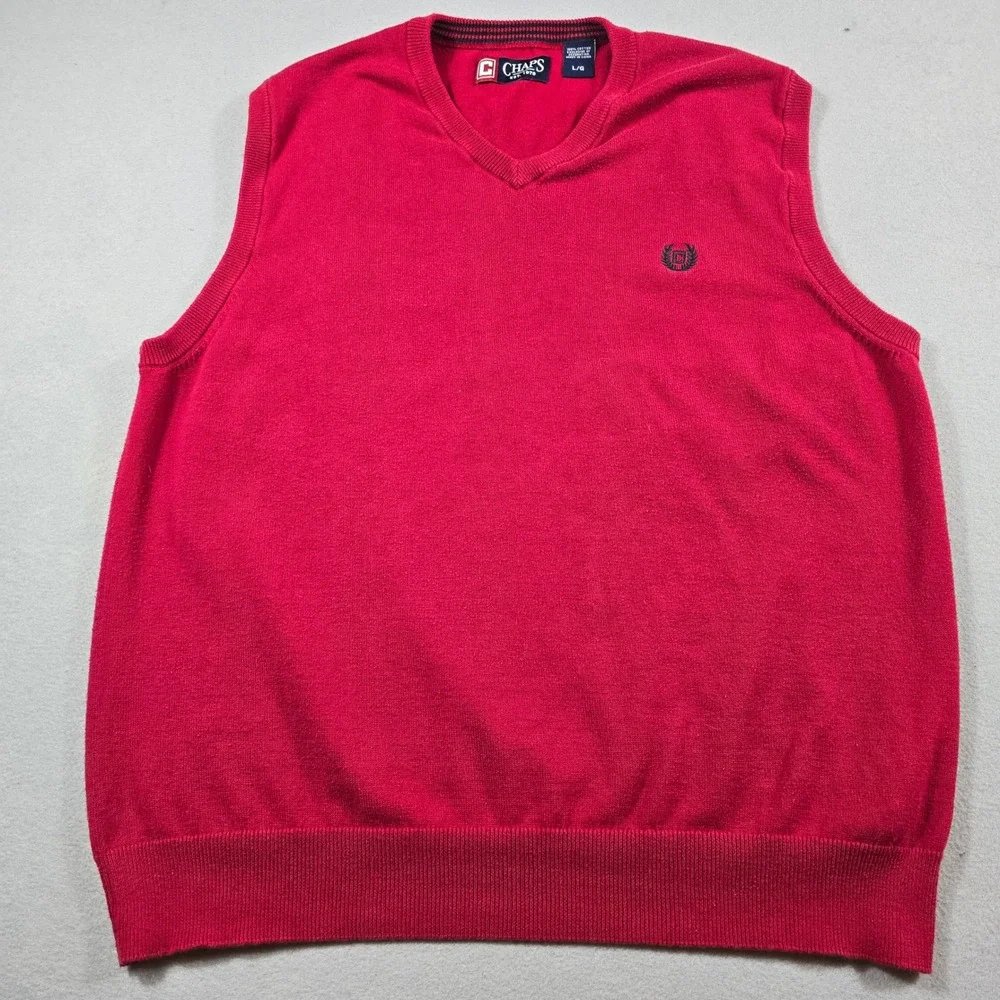 Chaps Mens Large Red Sweater Vest V-Neck Cotton Knit Embroidered Logo Classic